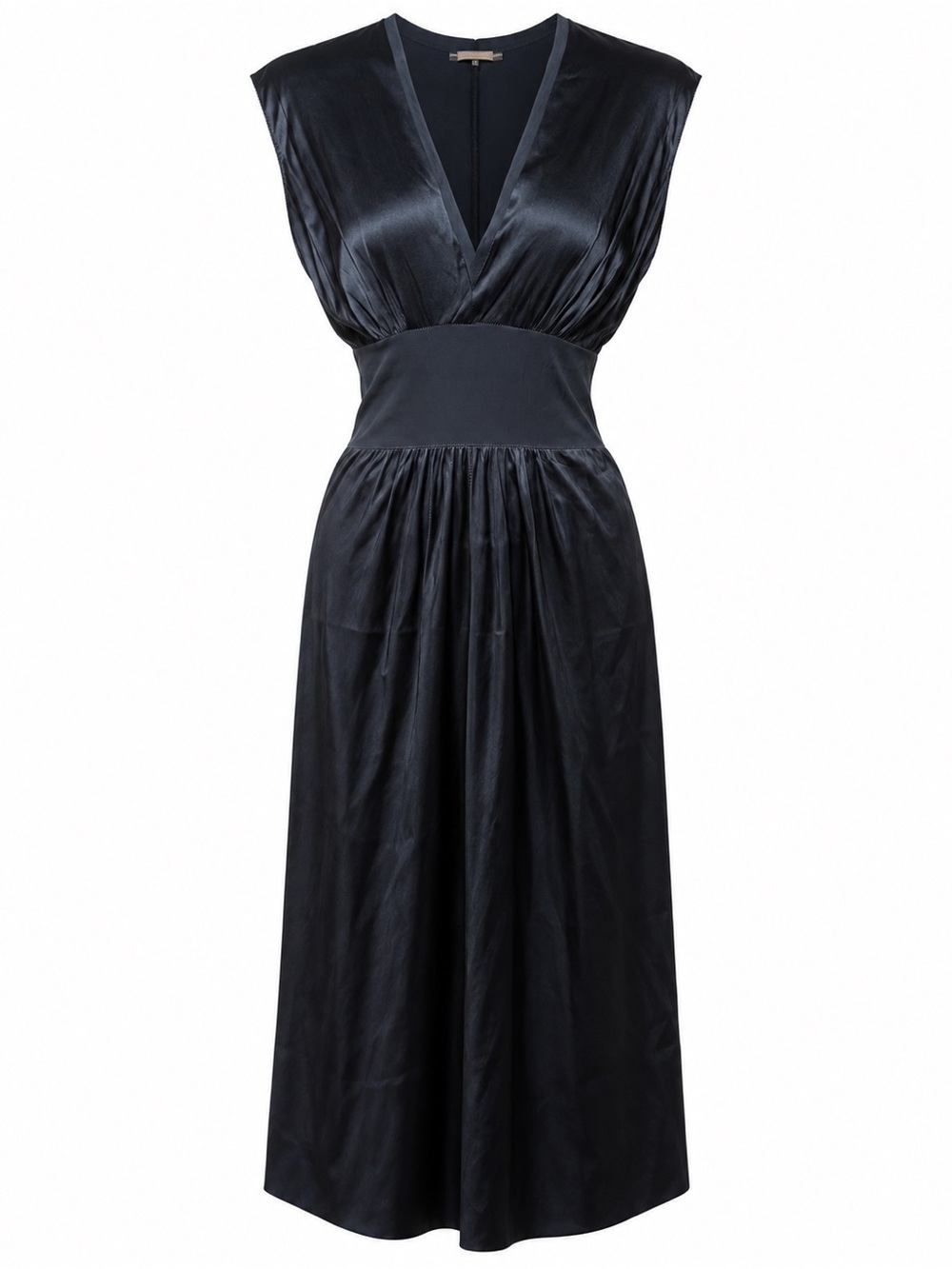 Rozae Nichols Navy Silk V-Neck Midi with Defined Waist